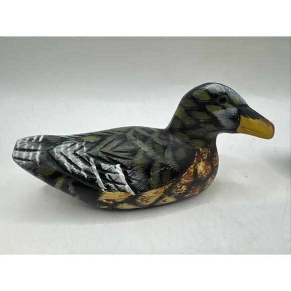 Small Handpainted Wooden Wood Mallard Ducks Birds Figurine glass eyes - Picture 2 of 9